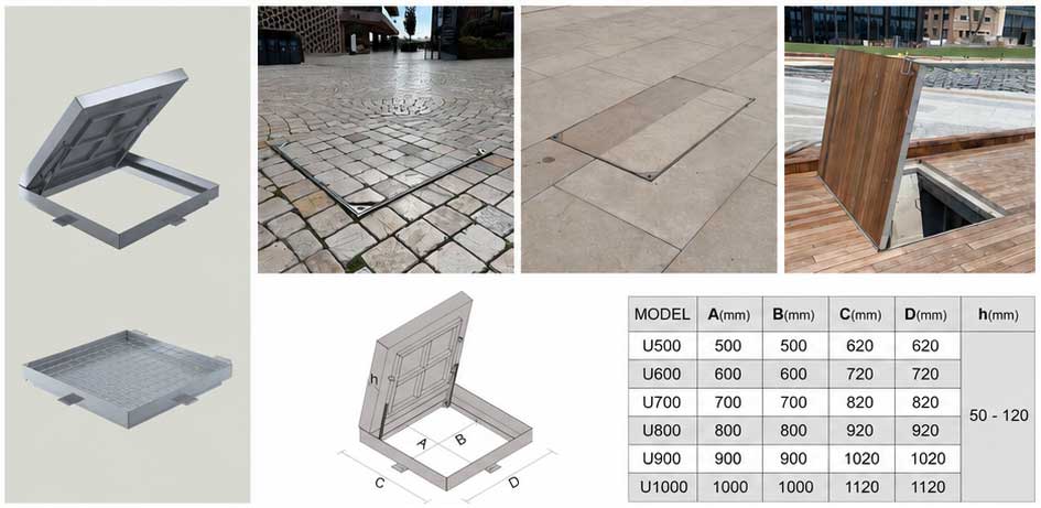 Galerie du couvercle d’accès à remplissage avec couvercle ouvert, applications en pavage, terrasse bois, dessin technique et tableau de dimensions standard